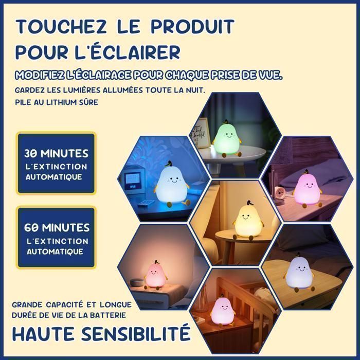 Luz nocturna recargable para bebés - Lámpara de mesita de noche táctil de silicona para niños y maternidad - 7 colores LED