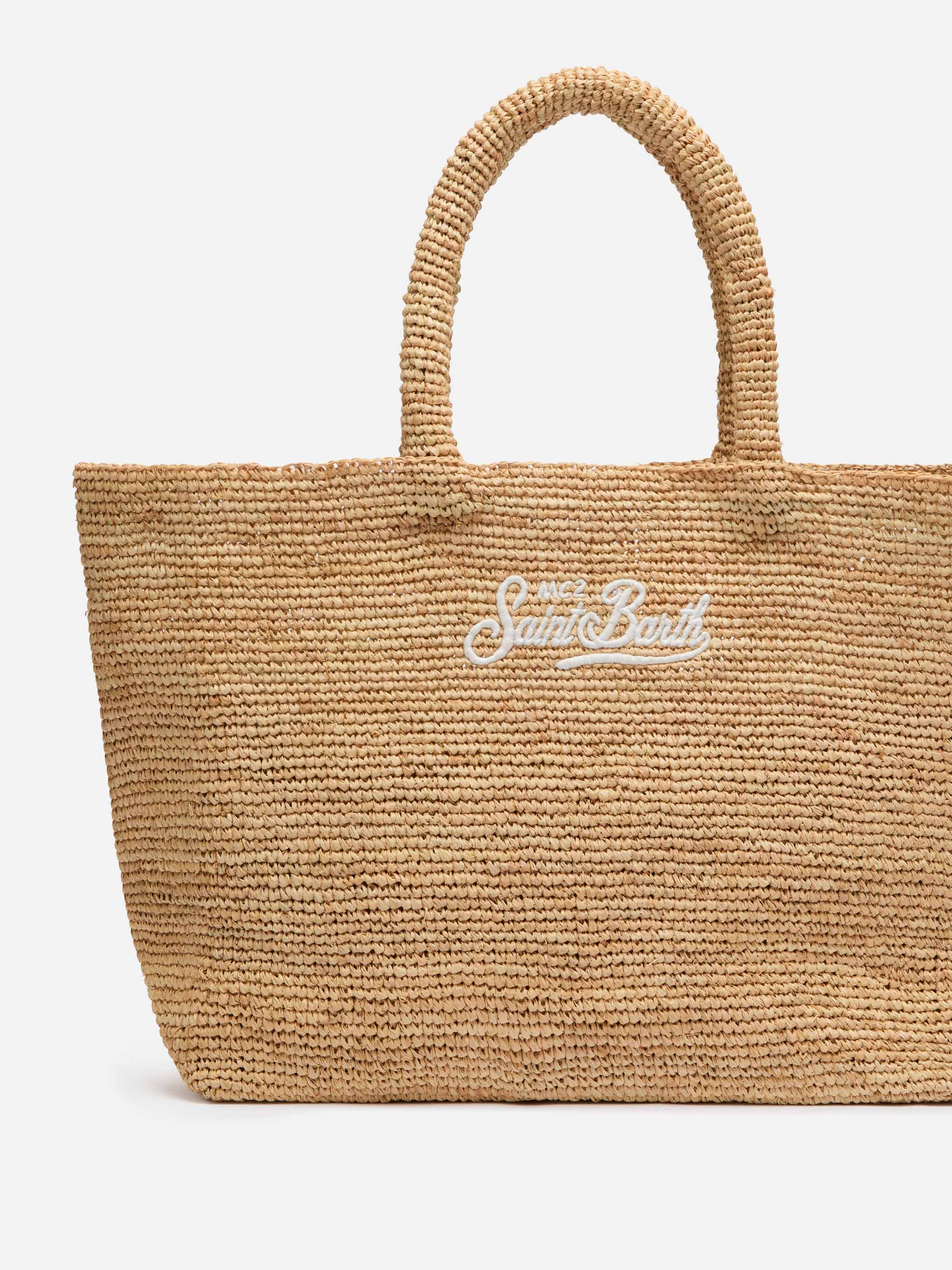 Beige Strandtasche aus Bast mit Innentasche aus Baumwolle