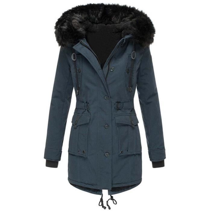 Doudoune polaire Femmes hiver chaud avec capuche col en fausse fourrure Coupe-Vent XD609 Bleu