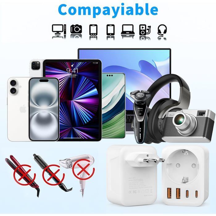 Adattatore da viaggio 5 in 1 per l'Italia, con 1 spina CA, 2 porte USB-C e 2 porte USB-A (3,4 A), spina da viaggio a 3 pin.