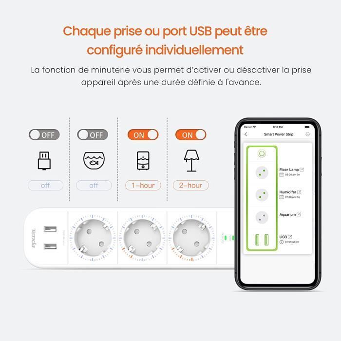 Multipresa Connected Power Strip - TENDA - SP15 - 3 prese - 2 porte USB - Protezione da sovratensione