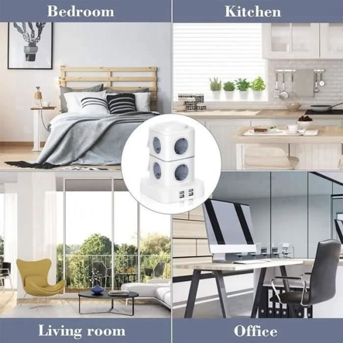 Tour Multiprise Électrique,Multiprise Parasurtenseur Parafoudre avec 8 Prises et 4 Ports USB,Multiprise USB 2500W avec Interrupteur