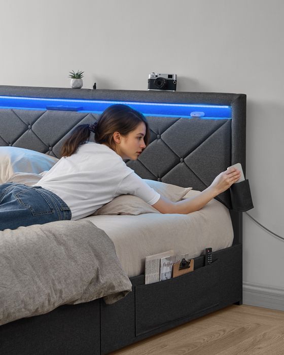 Cadre de Lit, Lit Coffre 160 x 200 cm, avec LED, 4 Tiroirs, Multiprise, Tête de Lit Rembourrée Ajustable, Gris Ardoise et Noir Mat