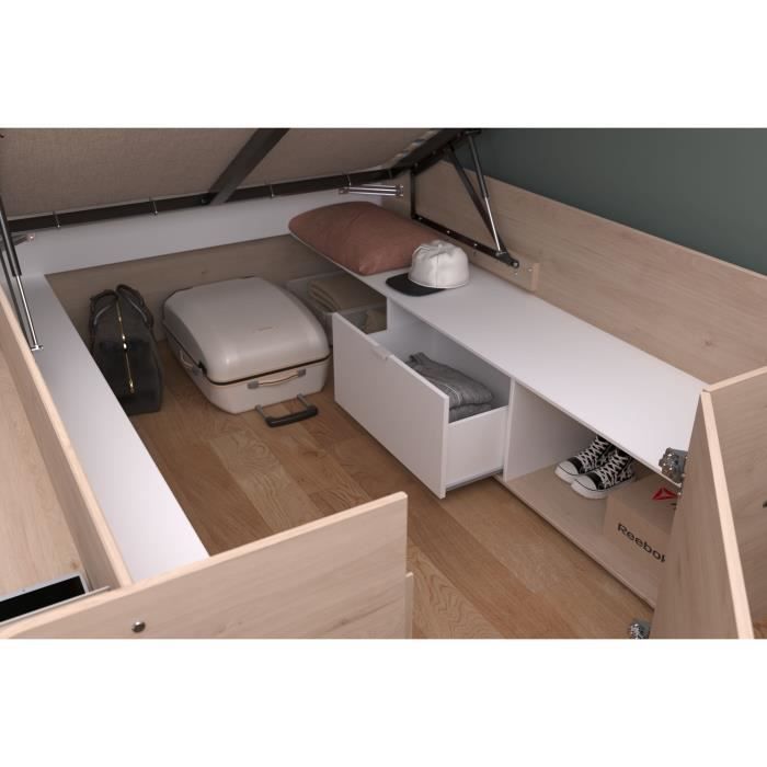 Cama con almacenamiento para adultos ODYSSEE - 140x190/200 cm - Con compartimento de almacenamiento elevable - Acabado en roble y blanco - 168,3x66,5x209,5 cm