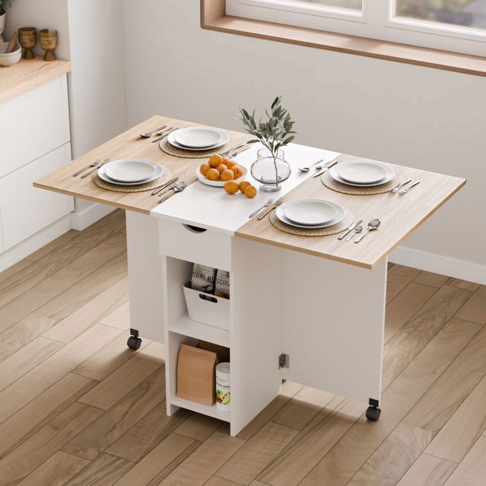 Mondeer Table à Manger Pliable, Table pliante avec 1 Tiroir et 2 Etagères,Table de Cuisine Pour Petit Espace, Chêne Coupé et Blanc
