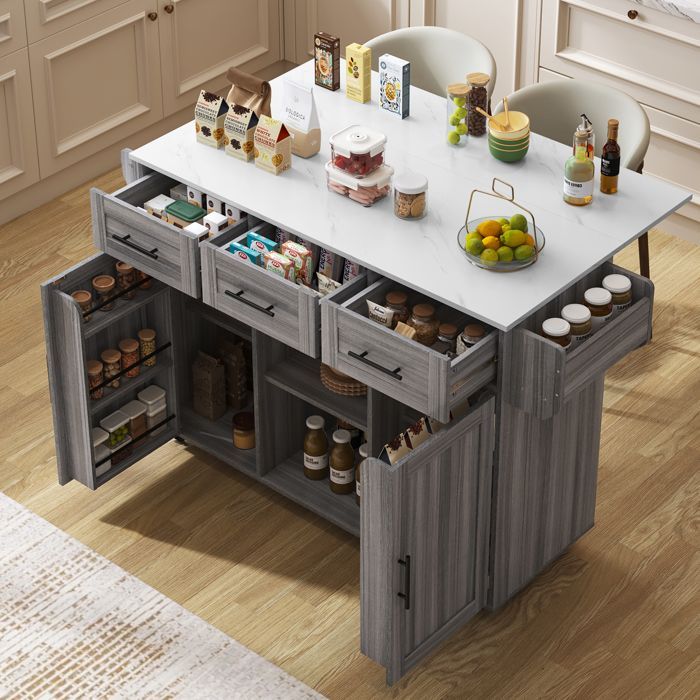 Multifunctional wooden kitchen trolley with rolling storage and worktop - with drawer - W139 x D46(71) x H91.5 cm - Grey