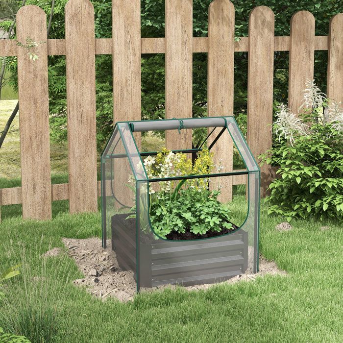 Raised garden bed with mini greenhouse - Outsunny - galvanized steel - for garden, balcony, terrace - 70 x 70 x 90 cm - dark grey