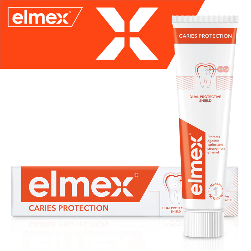Creme dental Elmex Caries Protection com flúor para proteção contra cáries.