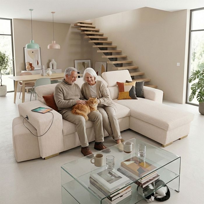 Sofá cama esquinero reversible SIRIUS, blanco PERLE (pana) - Talla M - 4/5 plazas - 251 x 165 x 94 cm