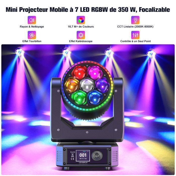 Cabeza móvil LED RGBW DMX UKing de 350 W - Luz de escenario con haz, lavado y zoom CTO - Iluminación para DJ con 7 ojos de abeja para fiestas disco (paquete de 2)