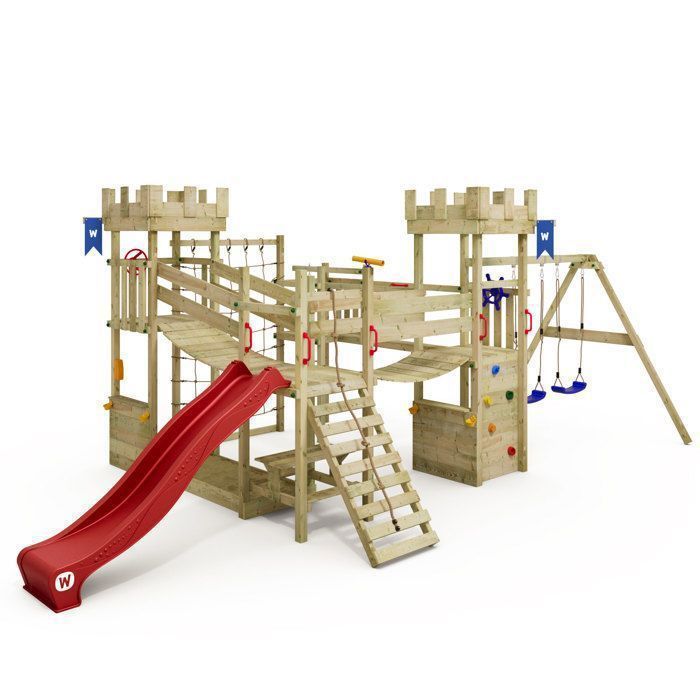 WICKEY Smart Arch Castle Speelgebied met 220 cm rode glijbaan, schommels en hangbruggen – 10 jaar garantie*