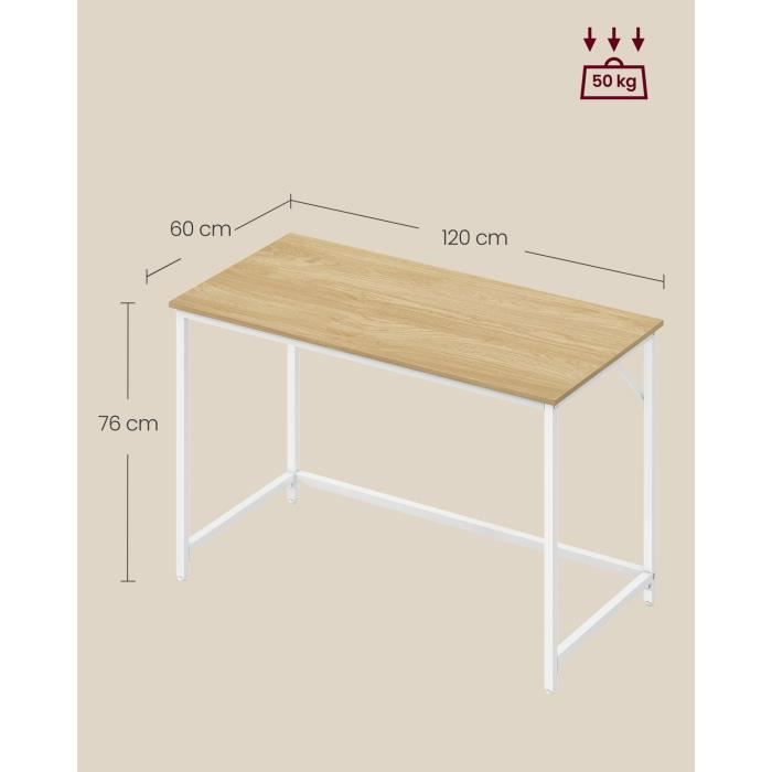 Scrivania per ufficio o camera da letto, 60 x 120 x 76 cm, stile moderno, struttura in metallo, rovere naturale e bianco perla.