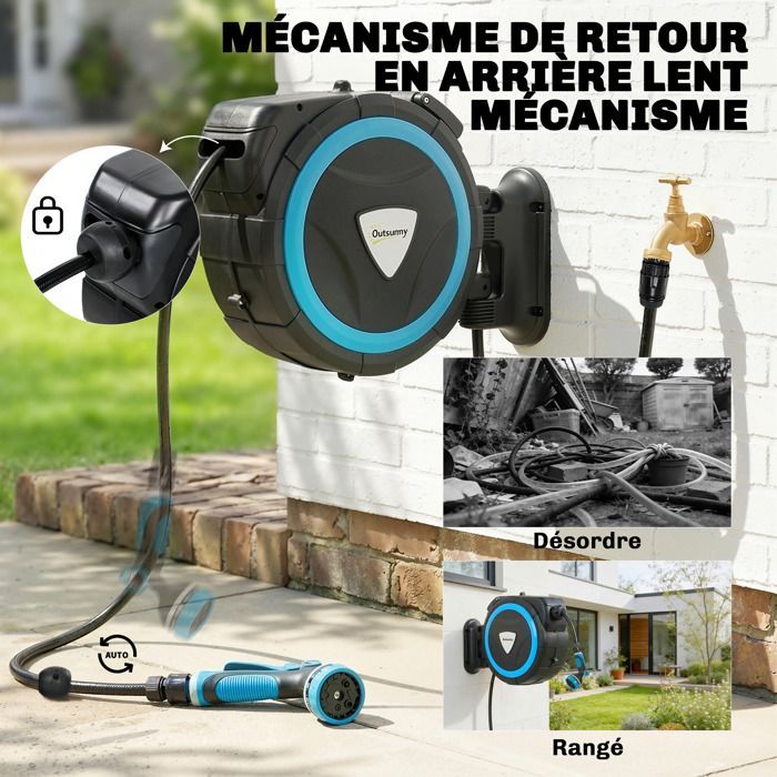 Wall-mounted garden hose reel - Outsunny - 12 spray patterns, 180° swivel - plastic - 49x15x37cm - blue