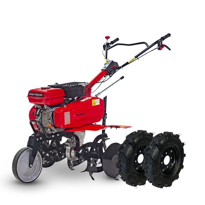 Motocultor de gasolina de 7 CV y 75 cm con transmisión por correa + juego de ruedas MW Tools MFR750