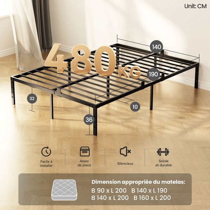 Estructura de cama para adultos - AURALUM MAX - 140x190cm - 9 patas - 14 listones metálicos - Capacidad de carga: 480kg