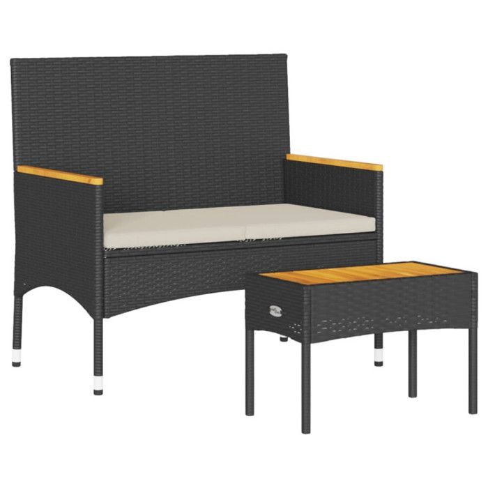Banco de jardim - 2 lugares - Resina trançada - Almofadas incluídas - Mesa de centro preta