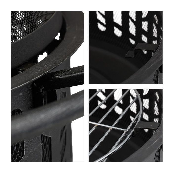Brasero Relaxdays con parrilla, rejilla protectora contra chispas y atizador, para jardín, Ø 75 cm, negro/plata