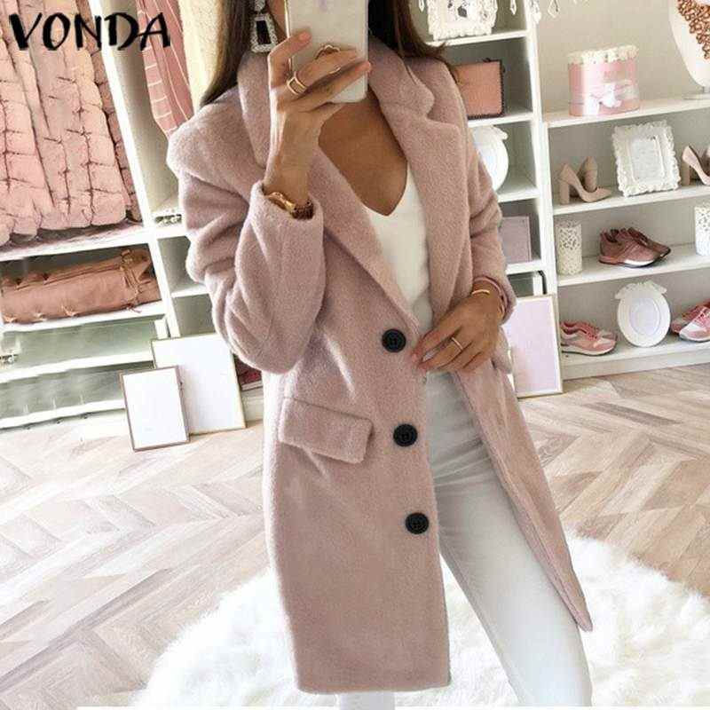 Elegant Autumn Winter Coats VONDA Women Wool Blends Warm Coats Streetwear Casual Buttons Pockets Long Jackets Overcoats