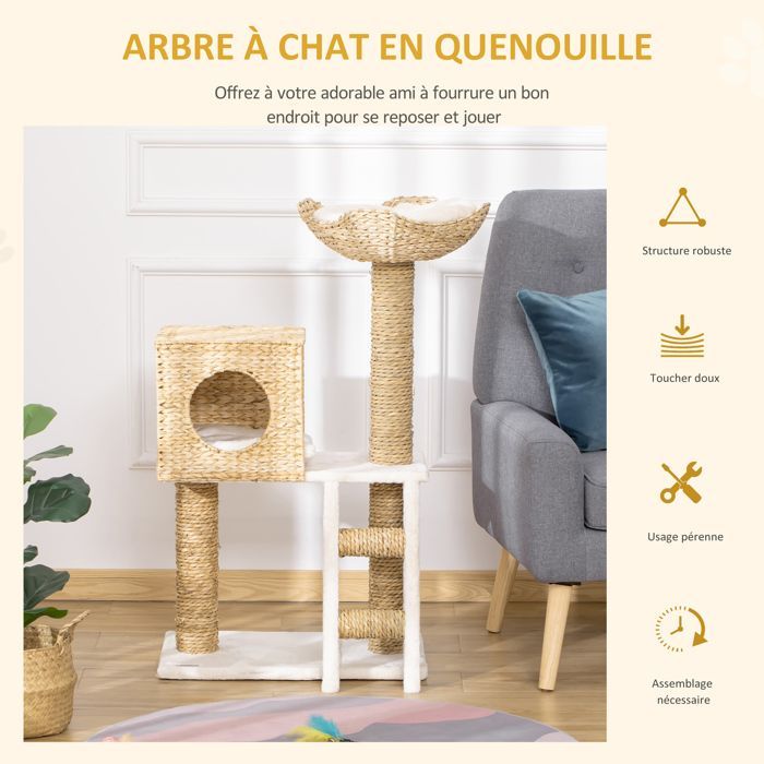 Arbre à chat arbre à grimper - PawHut - griffoir hauteur 100,5 cm avec coussins échelle centre activités - quenouille - bois