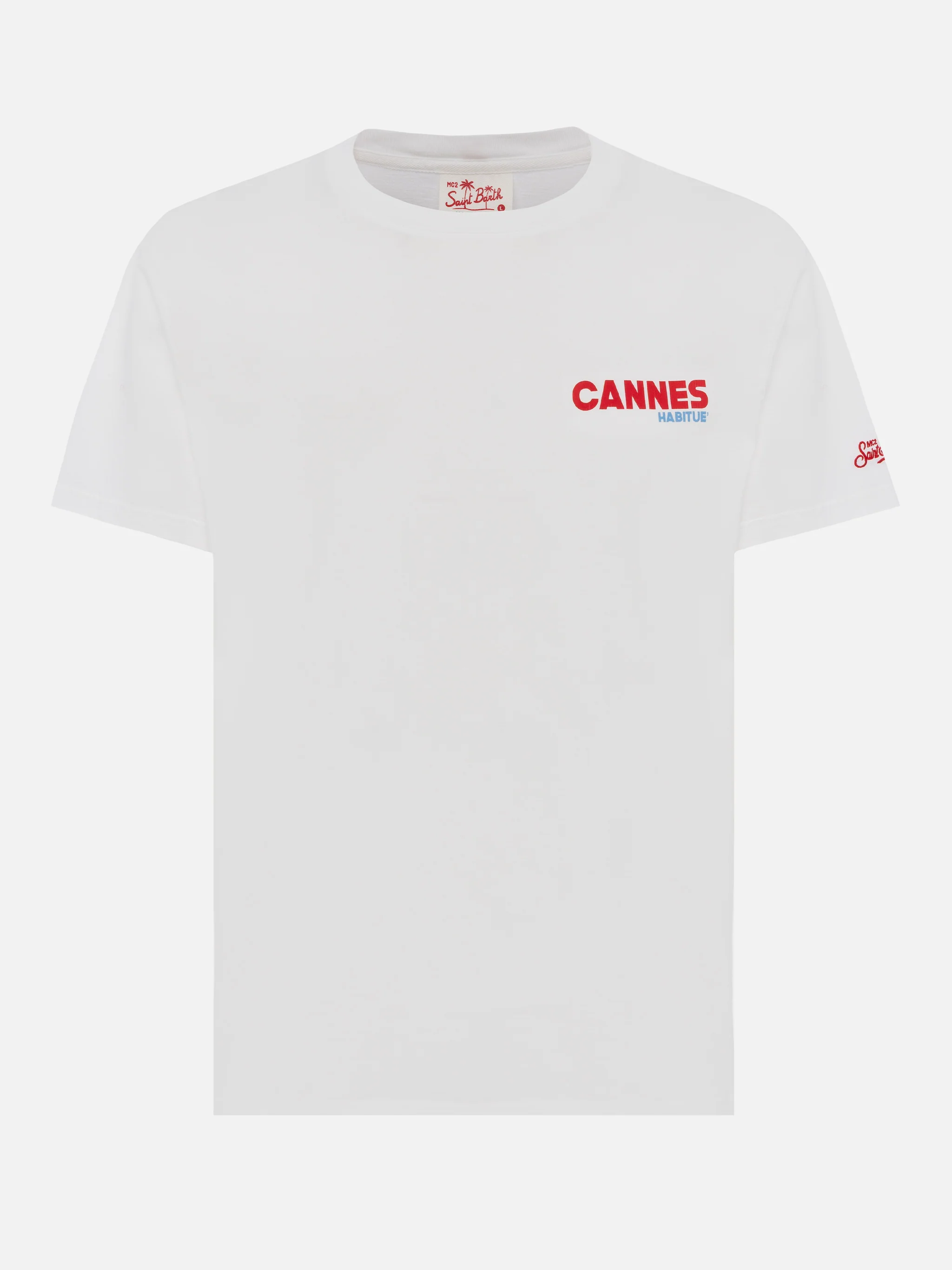 T-shirt voor heren van biologisch katoen met print van een ansichtkaart van Cannes.