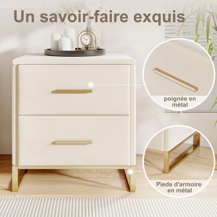 Juego de 2 mesitas de noche LUMINARIX, mesita de noche con 2 cajones, tiradores y patas de metal dorado, 40 × 40 × 50 cm, terciopelo beige.