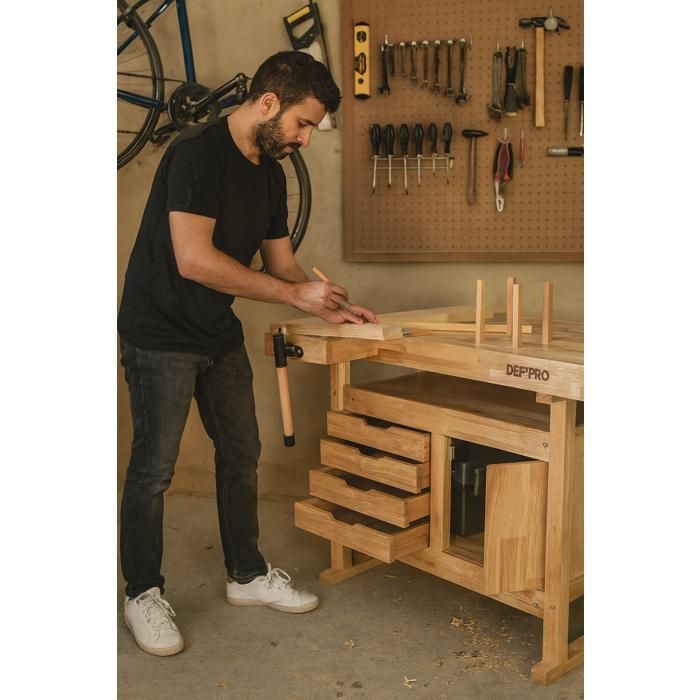 Banco de trabajo de madera de 120 cm con espacio de almacenamiento: 4 cajones + 1 trampilla.