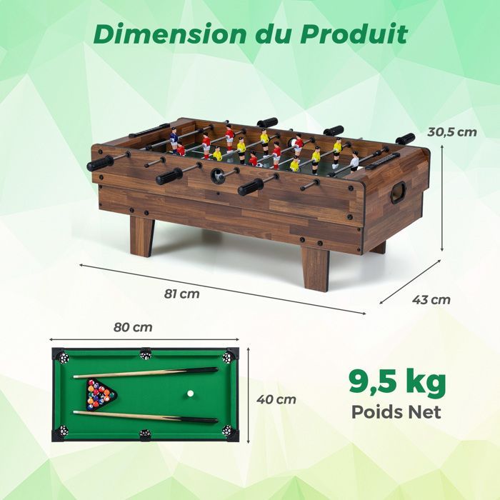 Table de Baby-foot 4 en 1 COSTWAY-Billard,Ping-Pong,Hockey-Accessoires Complets-Plateau Empilable-81 x 43 cm-Maison,Bar-Marron