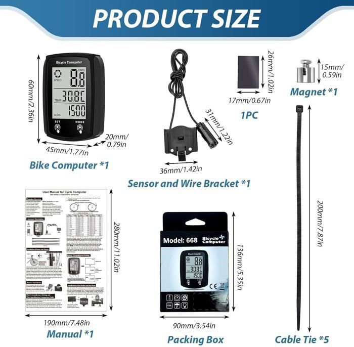 Compteur Velo sans Fil avec 20 Fonctions Étanche, IPX6 Étanche Compteur Kilométrique Vélo avec Écran LCD Rétroéclairé, Facile à