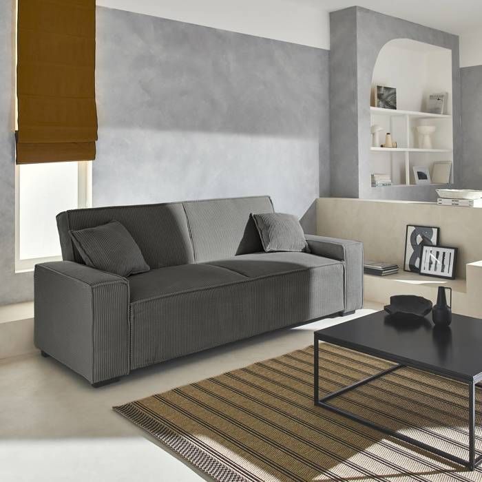 Sofá convertible de 3 plazas en pana gris oscuro, 231 cm de ancho x 96,5 cm de profundidad x 80 cm de alto.