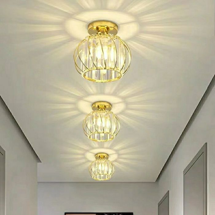 WOTTES Plafonnier en Cristal Moderne E27 LED, Plafonnier Mini Lustre en Cristal pour Cuisine Couloir Entrée, 1PCS Ø18CM Or