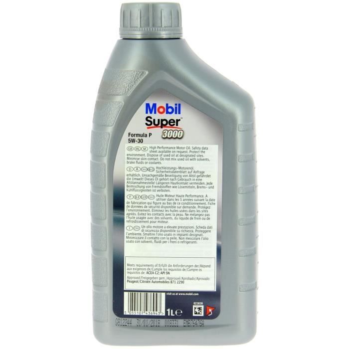 Huile moteur 5W-30 Synthétique - MOBIL - Super 3000 - Formula-P -bidon 1L -  haute performance - ACEA C2 - API SN
