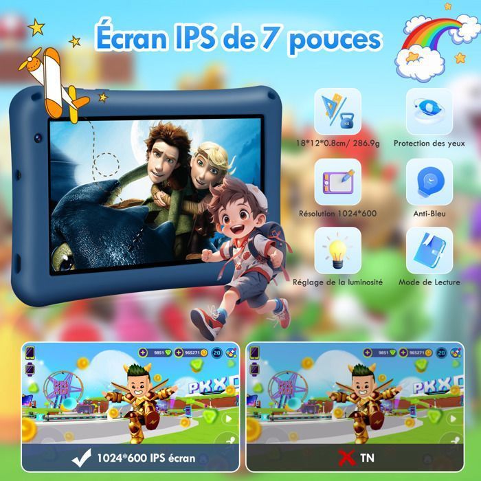 Tablet per bambini da 7 pollici, Android 13, 8 GB di RAM, 64 GB di ROM, Octa-Core, batteria da 5800 mAh, controlli parentali, con custodia a prova di bambino - Blu