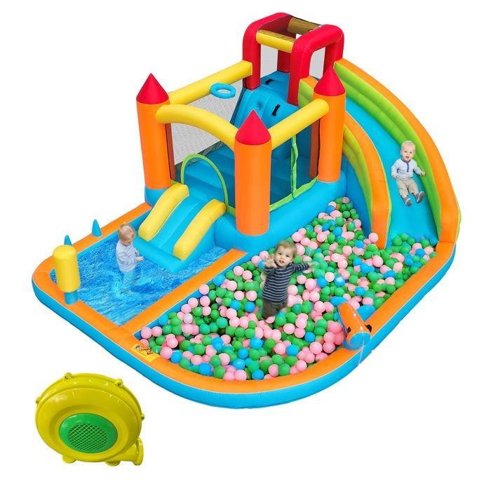 Aufblasbare Burg für Kinder, aufblasbarer Spielbereich mit Gebläse, Rutsche, Trampolin, Pool und Wasserpistole für Kinder von 3 bis 8 Jahren