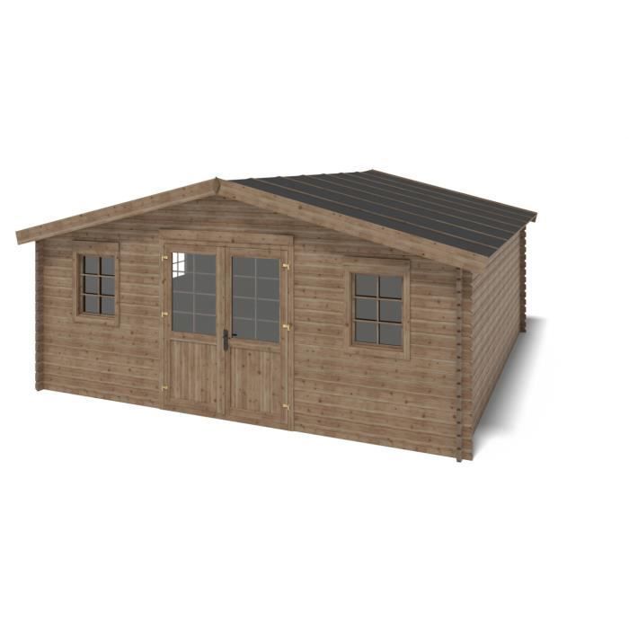 Gartenhaus aus Holz – 34,80 m² – 5,90 x 5,90 m – behandelt – 45 mm dick – Farbe: Braun – DOM656