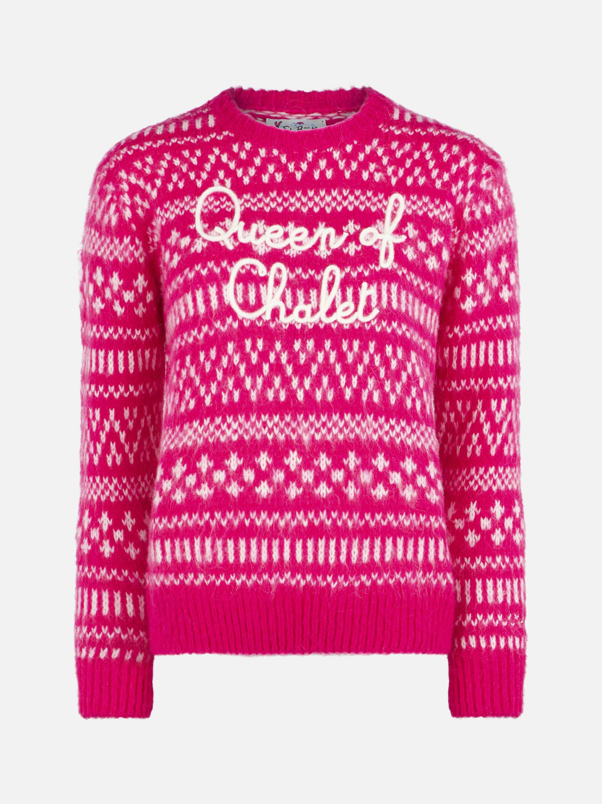 Damestrui met ronde hals, fair isle-print en Queen of Cha-borduurwerk.