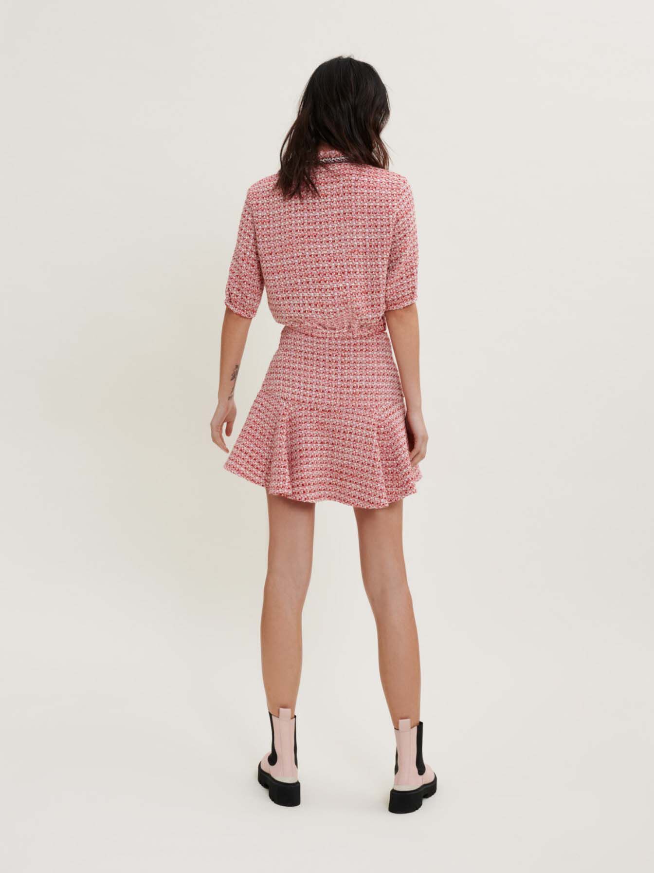 Top scurt din tweed cu dungi etnice - Roz/roșu