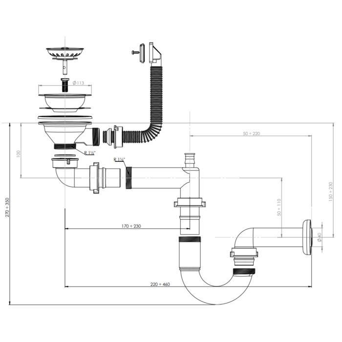 Desagüe de 1 cubeta CUIPD661-A para fregadero de acero inoxidable NINO de 1 cubeta y 100 cm - Sifón que ahorra espacio