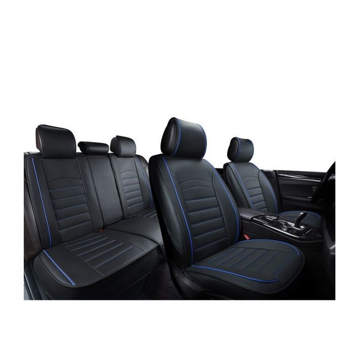 Housses de Siège en Similicuir Noir Bord Bleu Qualité de Luxe Respirant Rembourrées Ensemble Complet 9 pcs Universel pour Voiture