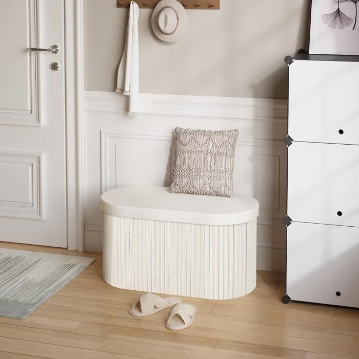 WOLTU Pouf avec Rangement 76L, Tabouret Ovale Pliable avec Couvercle Rembourré, Coffre en Velours, 76x38x38cm, Crème W0ETT0138