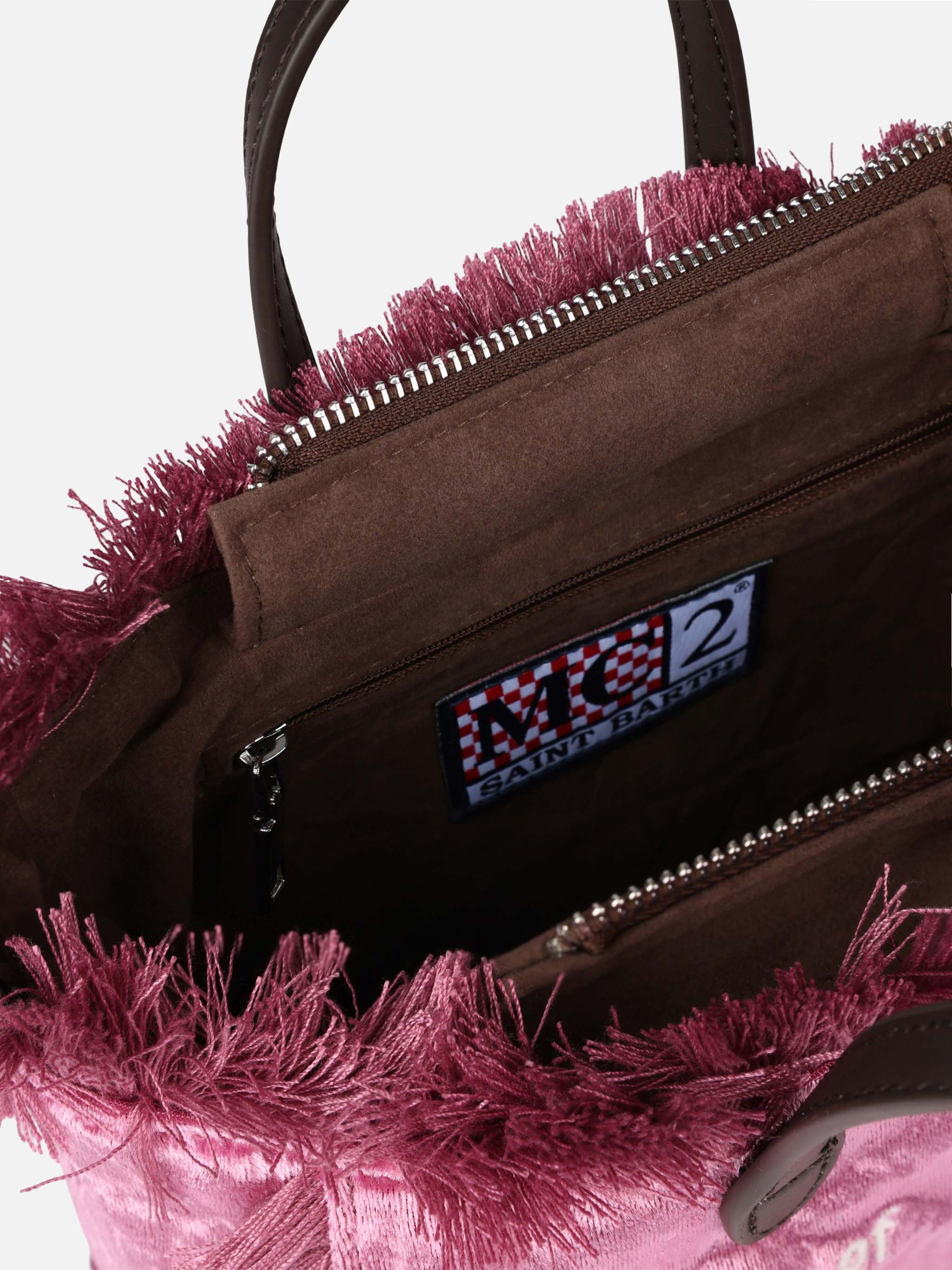 Mini Vanity handtasje met franjes in roze chenille stof met logo, binnenflap met rits, binnenvak, afneembare schouderband | MC2 Saint Barth