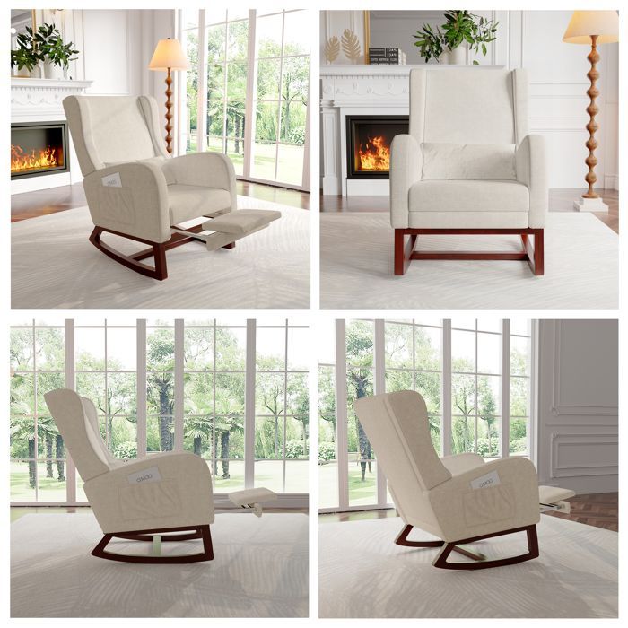 Relaxing Rocking Chair, Rocking Armchair with Retractable Footrest, Fabric with High Back, Beige, Linen