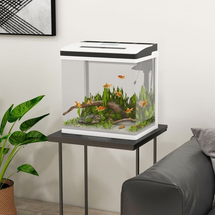 Acquario in vetro - PawHut - con filtro, coperchio e luce LED per pesci - Capacità 28 litri - Vetro - 38x26x39,5 cm - Bianco