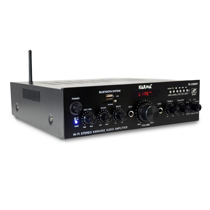 Amplificador estéreo Hi-Fi de 2x 50W com tela LCD - USB, MP3, SD, Bluetooth, rádio FM - 2 entradas para microfone - KARMA PA 2380BT + pen drive USB de 32GB