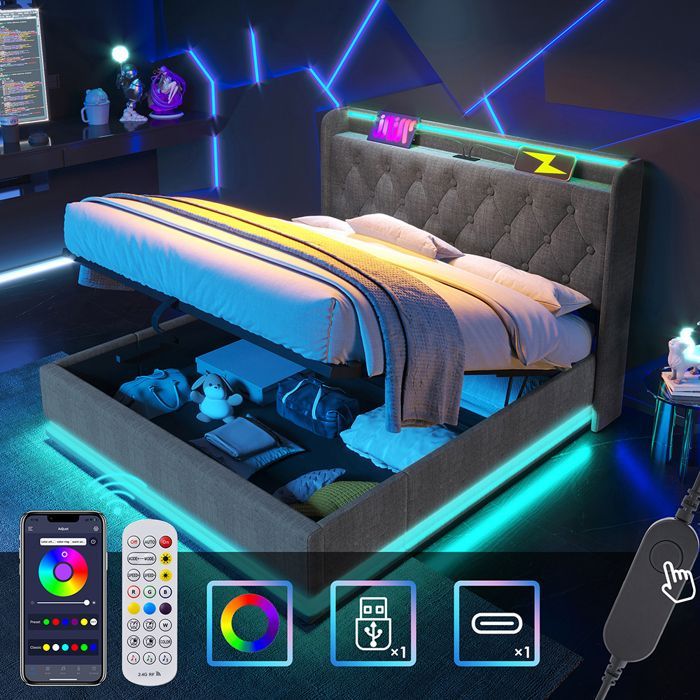Lit coffre capitonné 180x200 cm en lin - avec Fonction de recharge USB Type-C et LED - Coffre de rangement - Sommier à lattes -