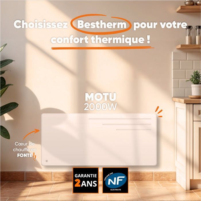 BESTHERM MOTU 2000W Cast Iron Dry Inertia Fixed Electric Radiator - Horizontal, White - NF