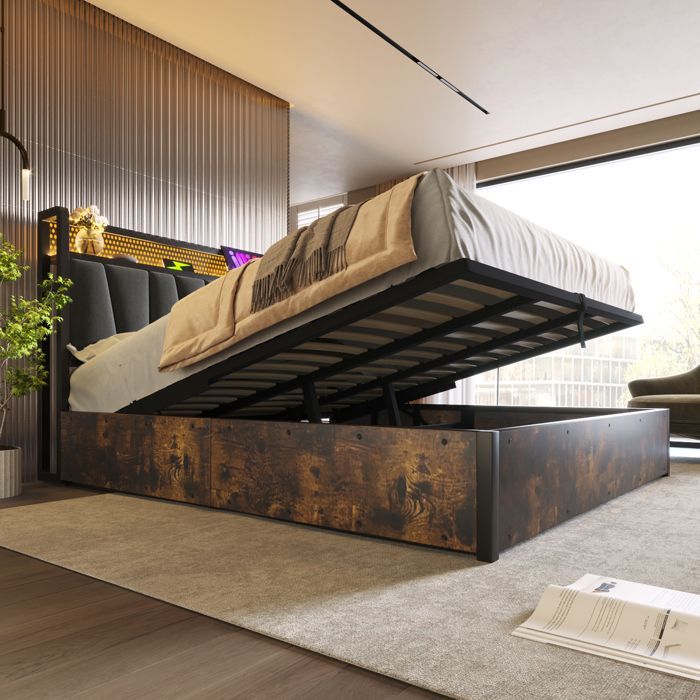 Letto matrimoniale 180x200 cm, imbottito con contenitore, illuminazione a LED, controllo tramite app, testiera ricaricabile, grigio (materasso non incluso)