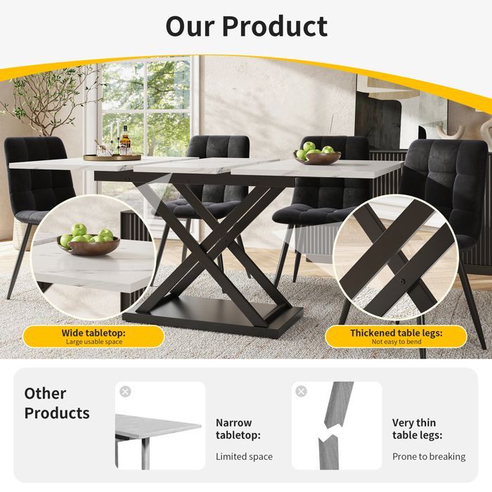 Ensemble Table à Manger Extensible 120-160cm Effet Marbre Blanc + 4 Chaises Velours Noir - Set Salle à Manger 5 Pcs pour 4 Personnes