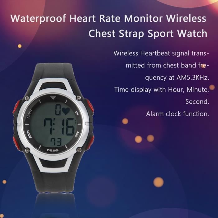 Orologio sportivo wireless con fascia toracica, cardiofrequenzimetro impermeabile fino a 3 metri, nero