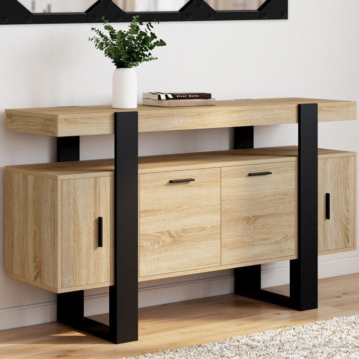 Aparador IDMARKET PHOENIX de 140 cm con 4 puertas, madera y negro.