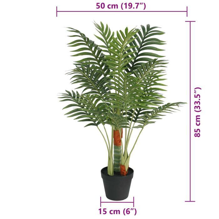 Palmera artificial de 3 troncos - vidaXL - 85 cm - Verde - PP - Alambre interno - Maceta estable - Bajo mantenimiento